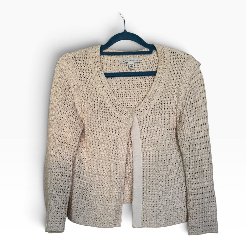 Banana Republic Cream Cotton Open Knit Cardigan Sweater XSP Crochet Top Button